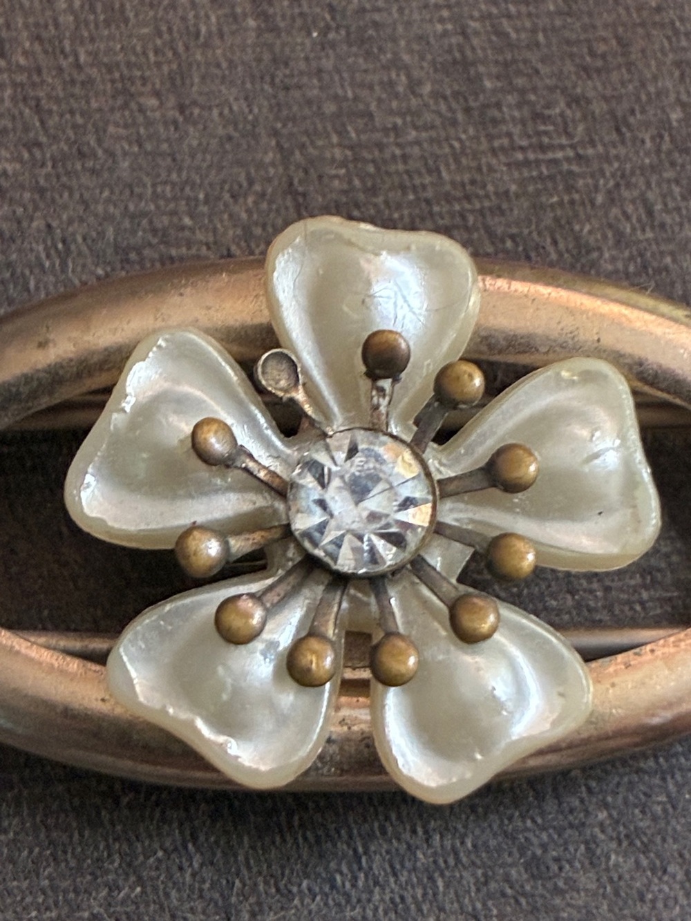 Vintage or Antique old Barette with mop flower and brass center on goldtone